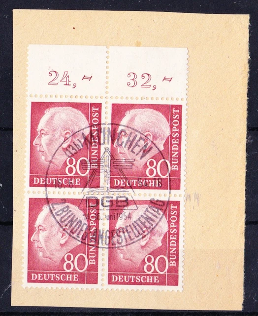 Bund Heuss I, 80Pf, Mi. 192 4er-Block mit Oberrand, gestempelt "München"