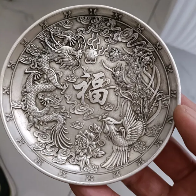 Exquisite Old Chinese tibet silver handcarved Dragon and phoenix plate