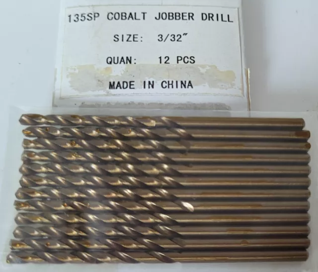 3/32" Cobalt Jobber Drill Bits HSS 135° Split Point RH Cut Gold Lot of 12