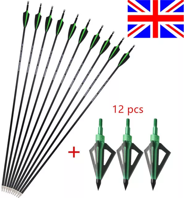 12X 30" Carbon Arrows SP500 Blade Arrowheads Hunting Archery Compound RecurveBow