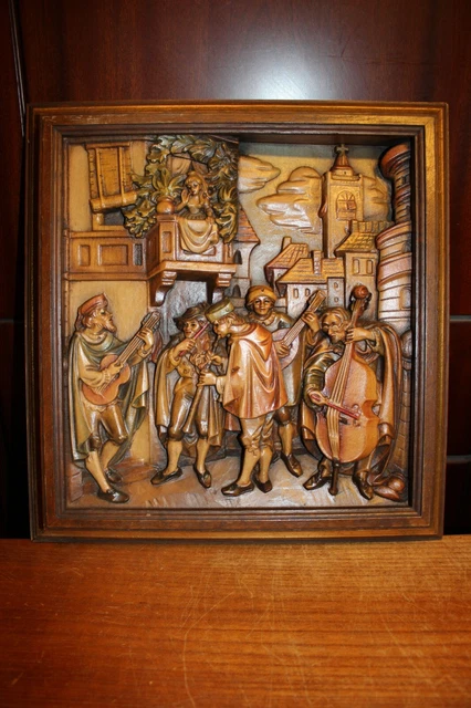 Vtg 12" Anri Rare Wood Hand Carved Carl Spitzweg "Spanish Serenade" Wall Relief