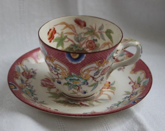 Tasse à grand café porcelaine Sarreguemines façon Minton, rose, décor n°215 (4)