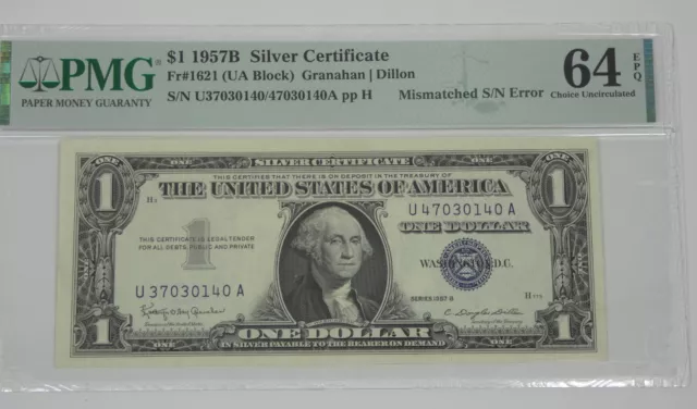 S/N ERROR Series 1957-B Blue Seal $1 Silver Cert Note PMG 64 Ch Unc EPQ Fr#1621