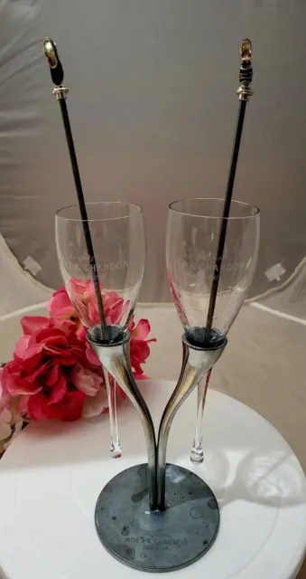 Moet & Chandon 2 Champagne Flutes w Stand & metal stirrer Reso Design by Di Meo