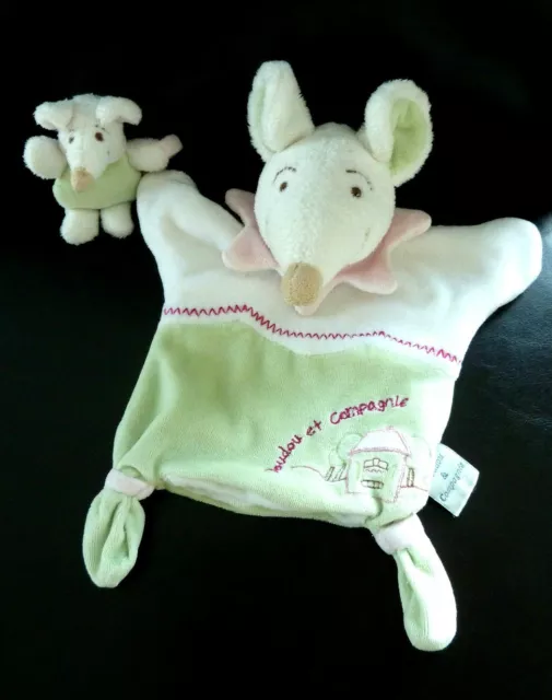 C. Doudou Et Compagnie Marionnette Souris Barbotine Vert Rose + Bebe - Ttbe
