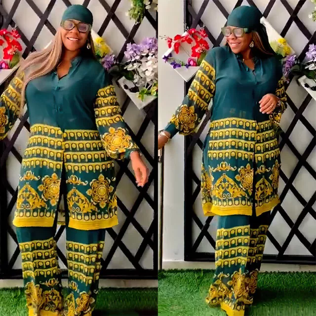 African Women 2 Pieces Set Buttons Tops Blouse Pants Suit Dashiki Outfits Sheer