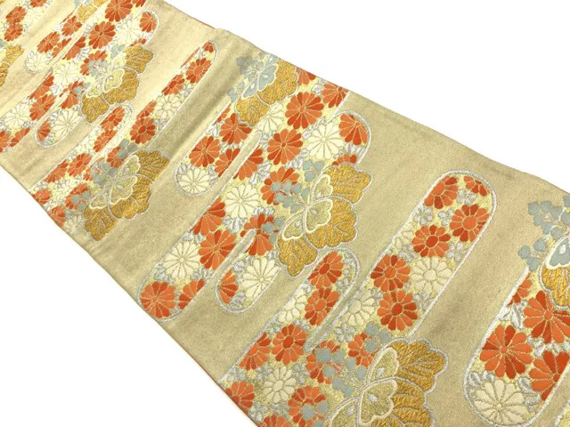 6395708: Japanese Kimono / Antique Fukuro Obi / Woven Egasumi With Kiku & Paulow