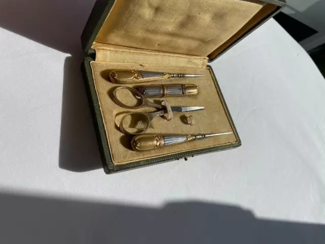 Antique Sewing Kit Box Steel Silver Gold Engraved Needle Holder Awl Hook Scissor 2