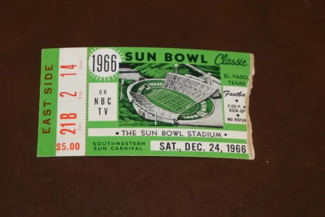 1966 Sun Bowl Wyoming Wac Champs Vs Florida State Football Ticket Stub
