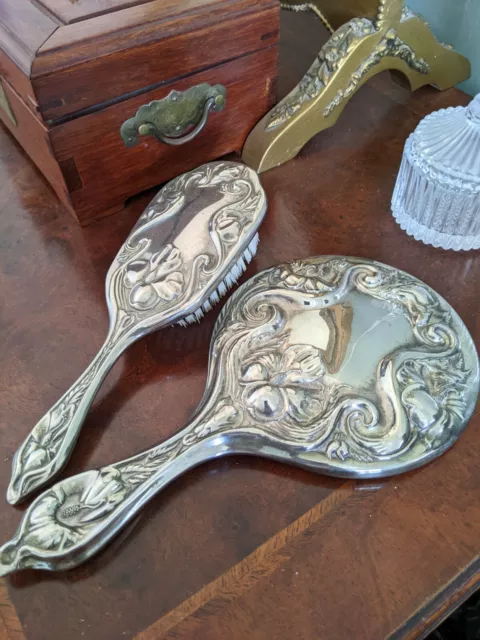 Antique art noveau vanity set brush / mirror embossed silver plate