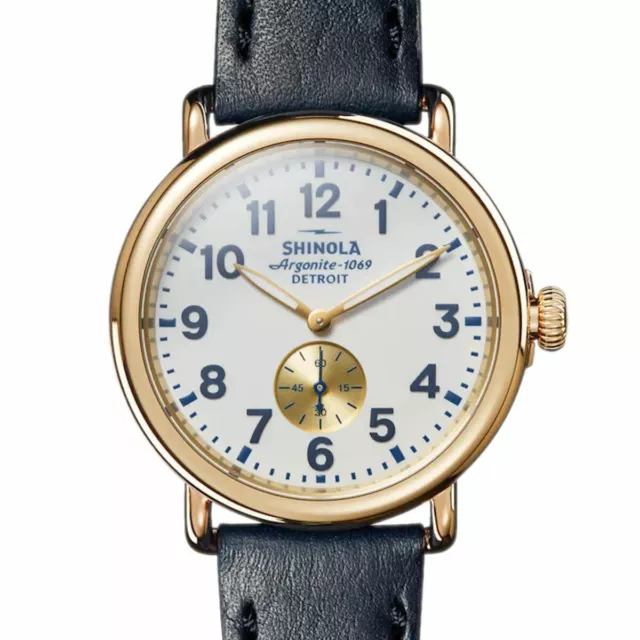Shinola 41MM Runwell Milky White Dial Gold PVD Case Blue Strap Watch S0120217728