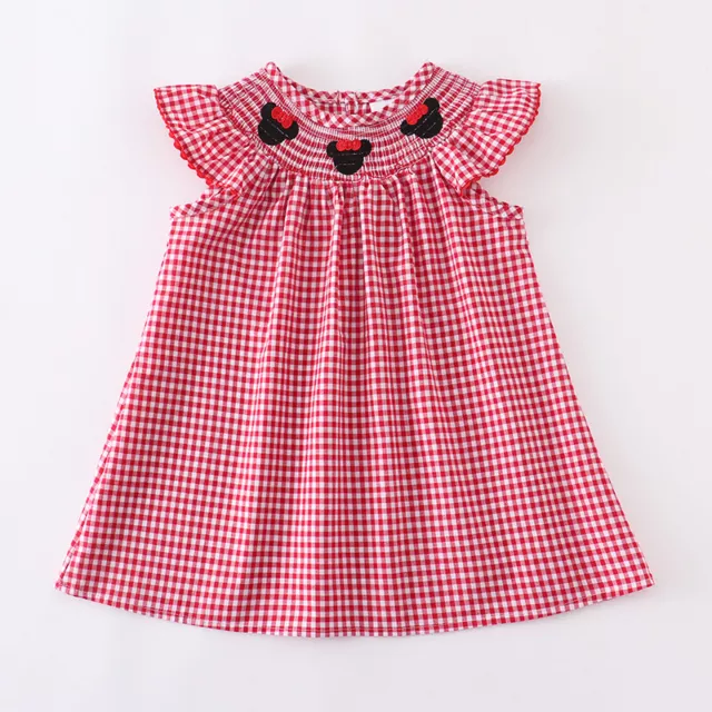 NEW Boutique Minnie Mouse Girls Embroidered Smocked Red Gingham Plaid Dress