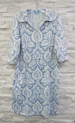 J. McLaughlin Blue & White Watercolor Leaf Print Catalina Cloth Fitted Dress M