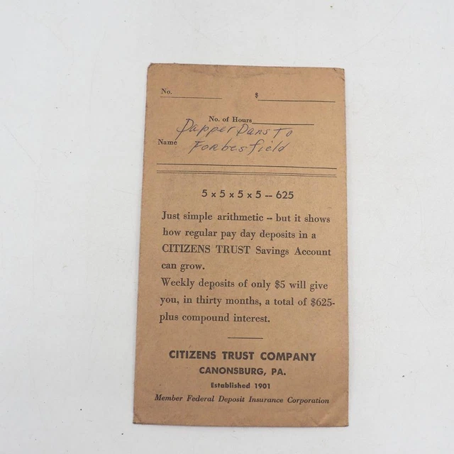 Cittadini Fidati Deposito Banca Busta Canonsburg Pennsylvania Vtg per Forbes Fld