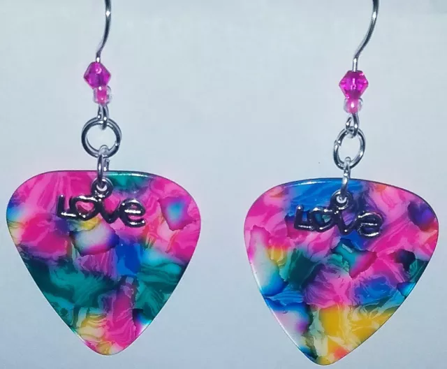 Rainbow Tie Dye Psychedelic Guitar Pick Earrings W/ Love Charms & Beads