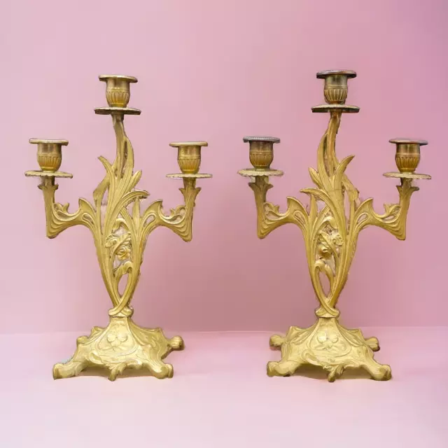 Coppia Candelabri Art Nouveau Liberty Primi 1900 Bronzo Dorato Antichi Vintage