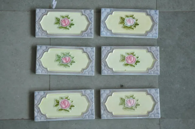 6Pc Vintage Majolica Decorative Rose Art Nouveau Architecture Tiles,Japan 2