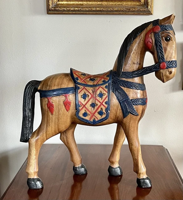 Vintage Solid Wood Horse Figure Folk Art Hand Carved & Painted 15.5" Tall Statue