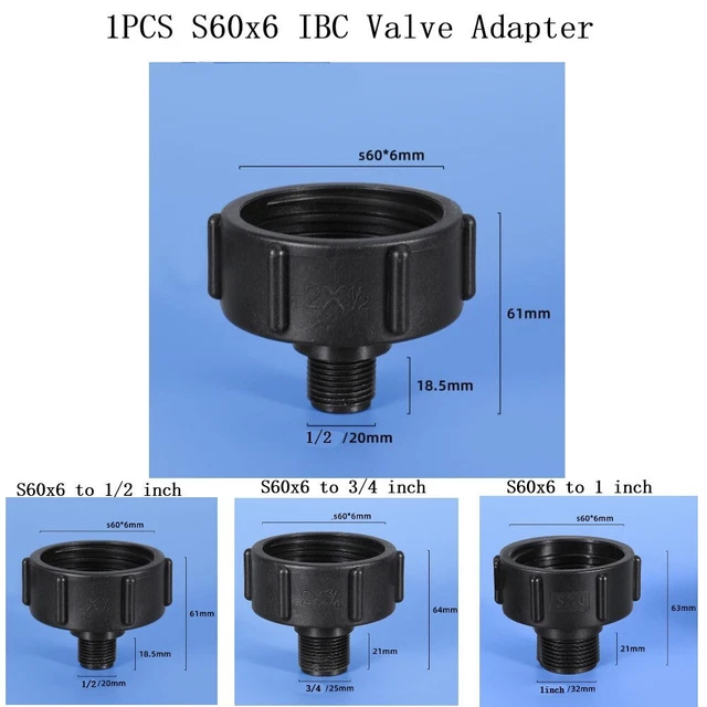 IBC S60X6 - Adattatore per serbatoio, 1/2, attacco di ricambio, per allacciamento domestico, per irrigazione da giardino, ottone