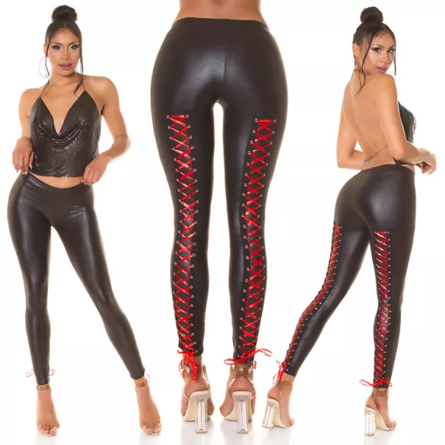 KOUCLA Sexy Leather Look Leggings S M L XL Red Contrast Lace Up Eyelets Skinny