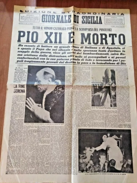 GIORNALE di SICILIA 7/10/1958 Falsa notizia morte di Papa Pio XII