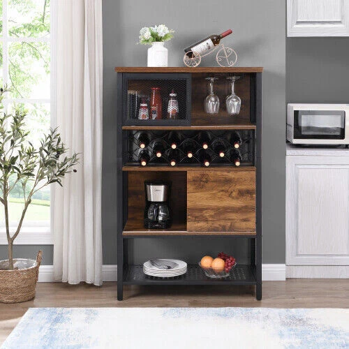 Industrial Bar Cabinet with Wine Rack for Liquor and Glasses Wood Metal Cabinet.