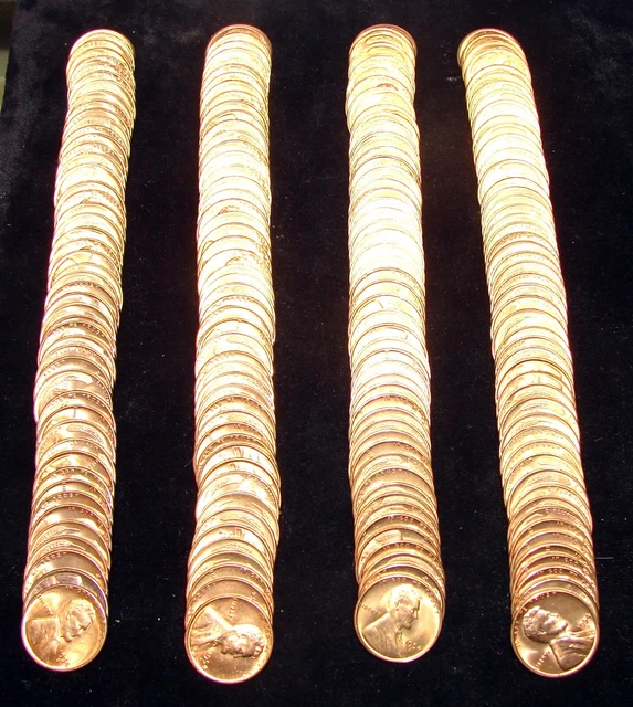 1954-S Lincoln Wheat Cent Penny Rolls Of 50 Coins Each (4 Rolls) Uncirculated