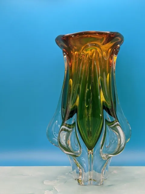 Handmade Studio Art Glass Vase Green Orange & Clear by Josef Hospodka Chribska