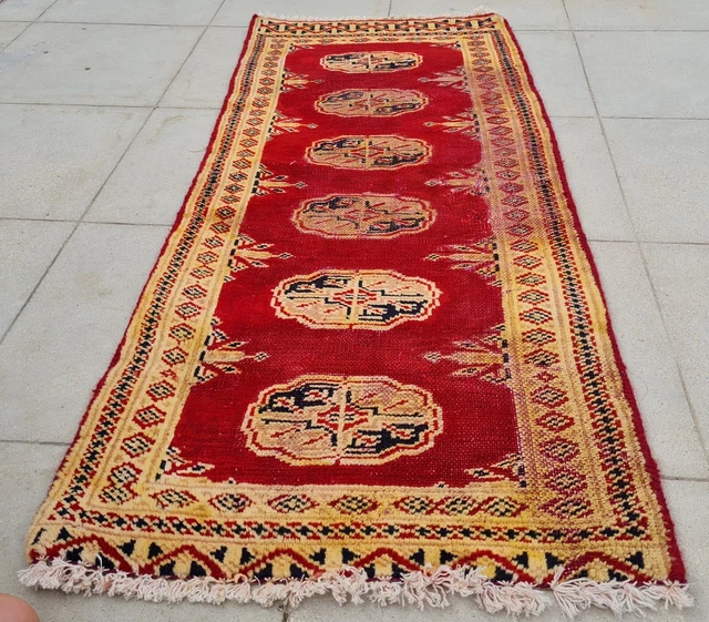Distressed Hand knotted Vintage Bokhara Jhaldar Wool Area Rug 3.4 x 1.5 Ft