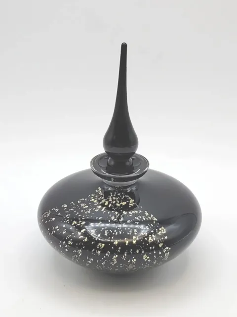 Vintage Silvestri Black Art Glass Gold Fleck Vanity Perfume Bottle Long Stopper