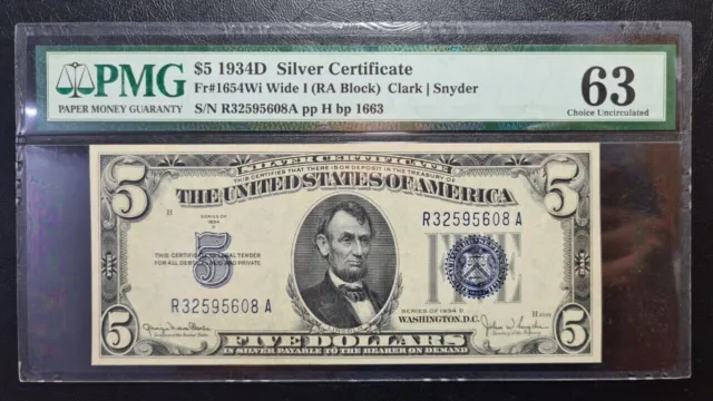 5 DOLLARS $5 1934D Silver Certificate Fr#Wi Wide I (RA Block) PMG 63 Choice UNC