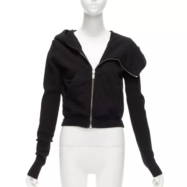 RICK OWENS DRKSHDW black cotton asymmetric collar cropped zip hoodie S