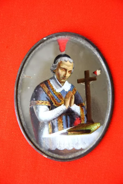 Médaillon portrait SAINT J-M VIANNEY Curé d'Ars Fixé Sous Verre  XIXe France