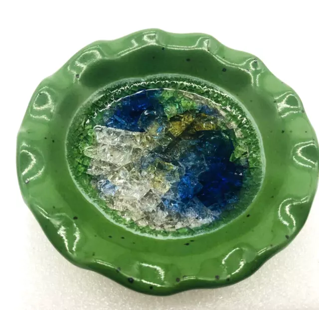 Art Pottery Porcelain Small Green Blue Clear  Glass  Dish 3.5”