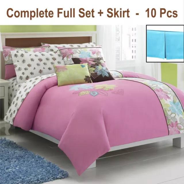 Roxy BE TRUE Full 10pc Set Surf Pink: Duvet Cover, Shams, Sheets, Pillows, Skirt