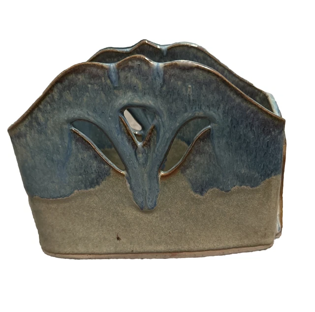 Bay Pottery 1988 Signed  Napkin Letter Holder Blue Drip Glaze Cut Out