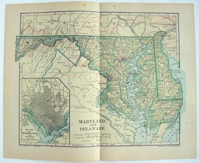 Maryland & Delaware - Original 1907 Dated Map by Dodd Mead & Company. Antique
