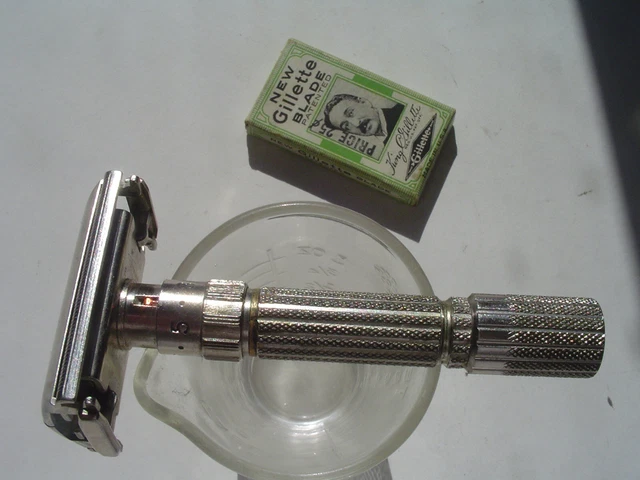 1959 Gillette E-2 Fat Boy 1-9 Dial-Up Adjustable DE Safety Razor w/ 5 New Blades