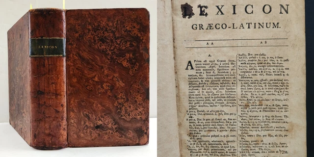 1800 antique LATIN-GREEK DICTIONARY cornelli schrevelii leather CHICKERING early