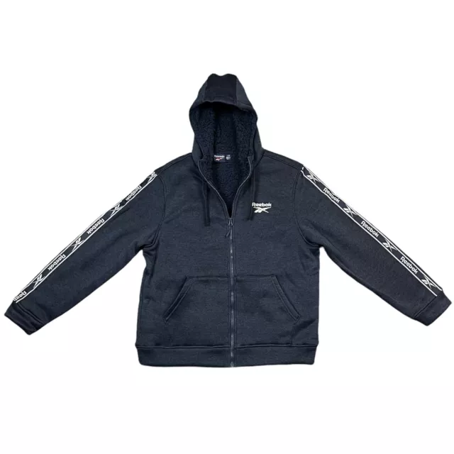 Reebok Mens Full Zip Jacket Size L Navy Blue Hooded Sherpa Lining & Weatherproof
