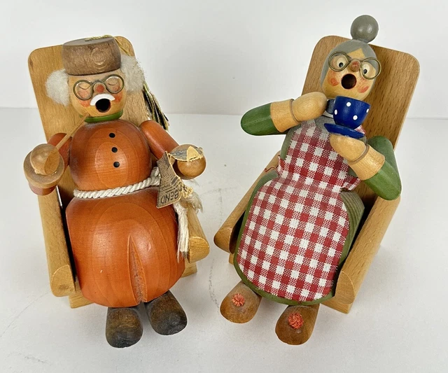 VINTAGE ERZGEBIRGE SMOKER, Old Couple in Chairs Incense Burners Germany