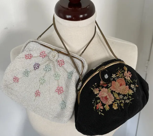 Antique Evening Bag beaded Hand Made in France White One Hand Made Belgium Lot