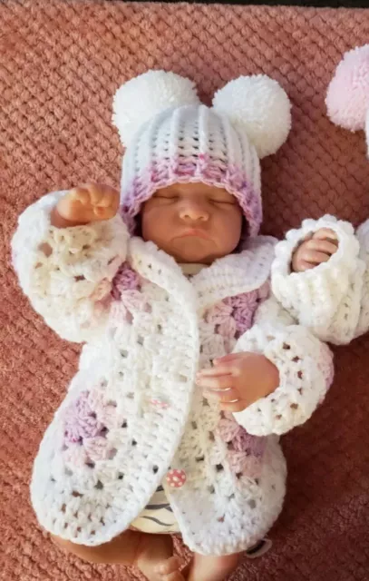 Newborn baby Girls Hand Knitted crochet hat and cardigan White Pink