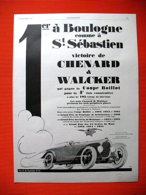 Publicite De Presse Chenard & Walcker Automobile Victoire Coupe Boillot Ad 1926