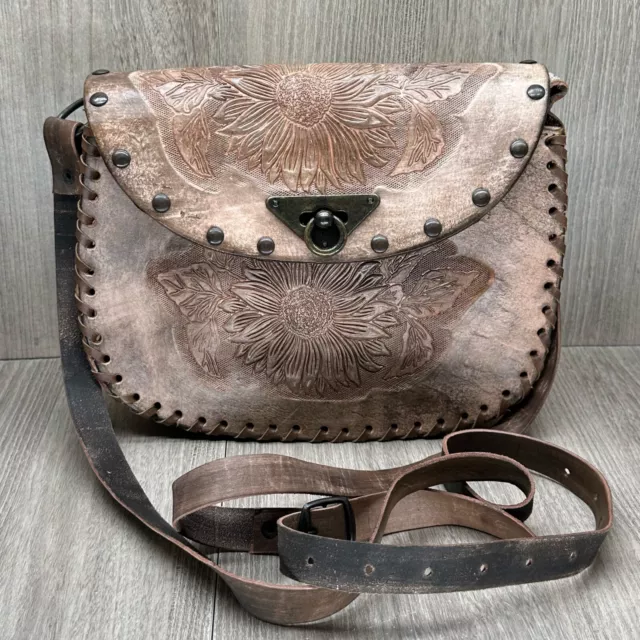 Womens Handbag Handmade Leather Floral Tooled Embossed Purse Mini Sling Brown