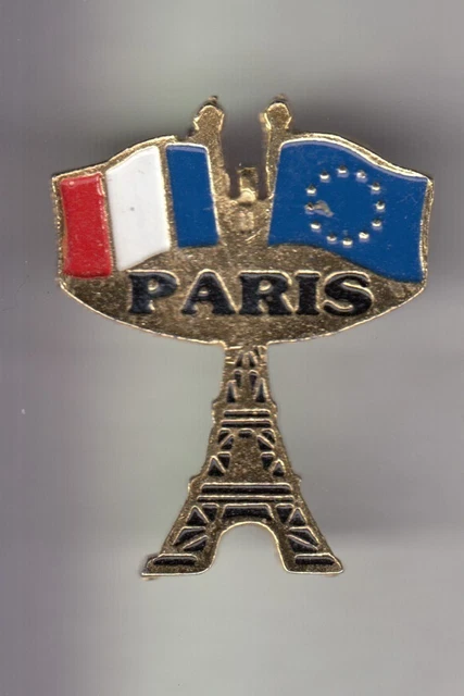 Pin's Badge France – Tour Eiffel Dorée Sur Carte De France Aux Couleurs Drapeau