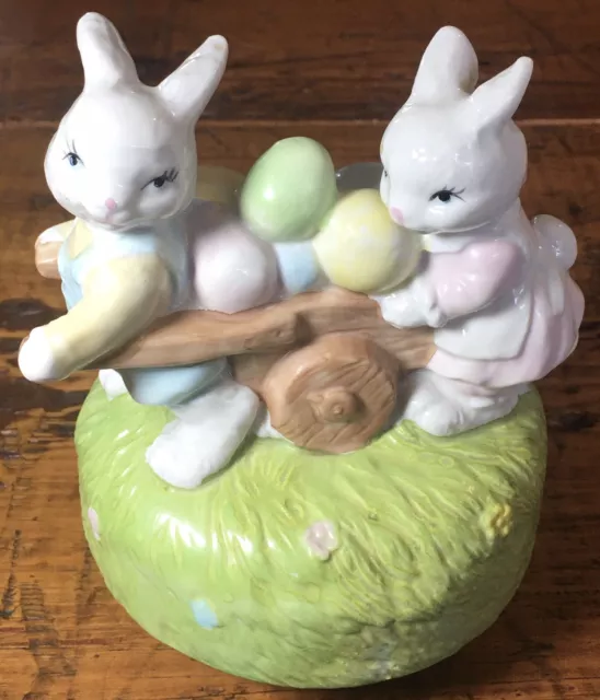 Easter Bunny Wind-Up Music Box, Vintage Porcelain Bunnies with Eggs Spins, Plays