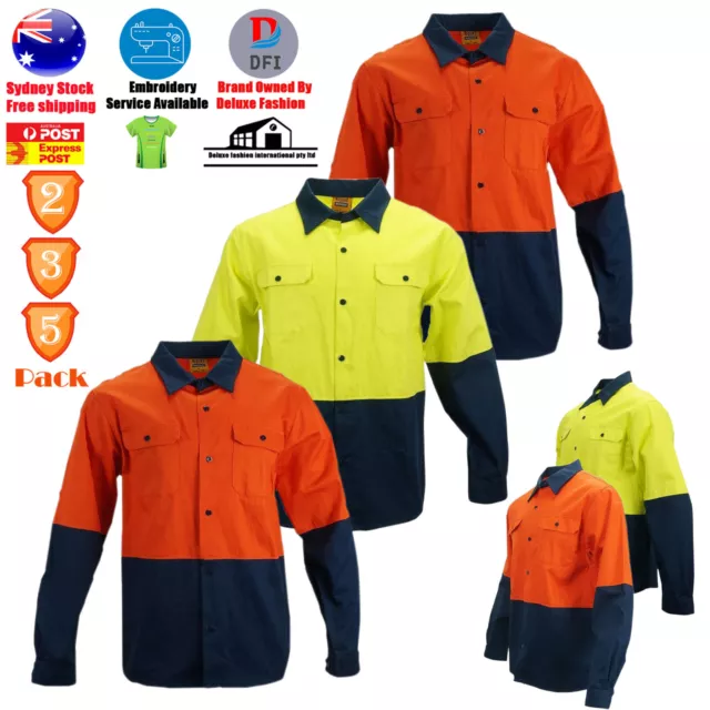 2 3 5 10 PACK HI VIS Shirts SAFETY WORK Wear COTTON DRILL LONG 3M Tape Back