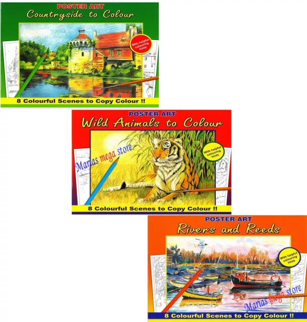 Set Of 3 Adult Colouring Books - Wild Animals, Rivers , Country , Book  All Ages