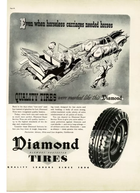 1937 Diamond Tires horses towing car through water art Vintage Print Ad